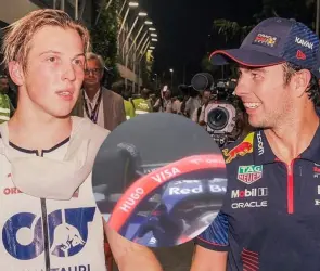Liam Lawson recibe rega&ntilde;o por pintarle el dedo a Checo P&eacute;rez