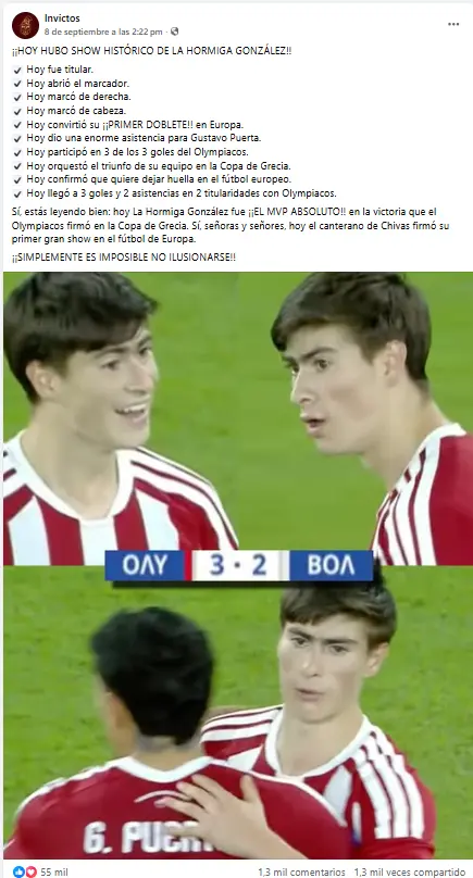 Captura de pantalla de la publicaci&oacute;n original de Invictos sobre el partido de la Hormiga Gonz&aacute;lez vs Volos