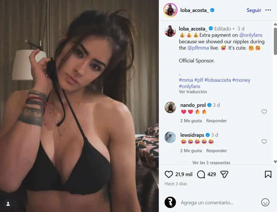 Lucero Acosta comparti&oacute; en Instagram una publicaci&oacute;n en la que asegur&oacute; haber recibido un pago extra en OnlyFans. tras el incidente ocurrido durante su pelea en PFL