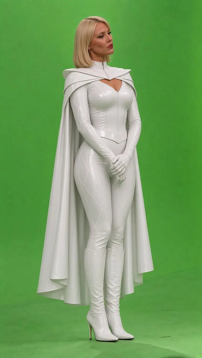 Miroslava luce un elegante traje blanco de estilo futurista, acompa&ntilde;ado de una capa y botas del mismo color.