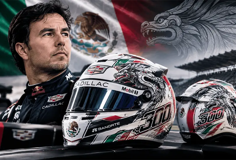 Casco especial de Checo P&eacute;rez para el GP de M&eacute;xico 2026.